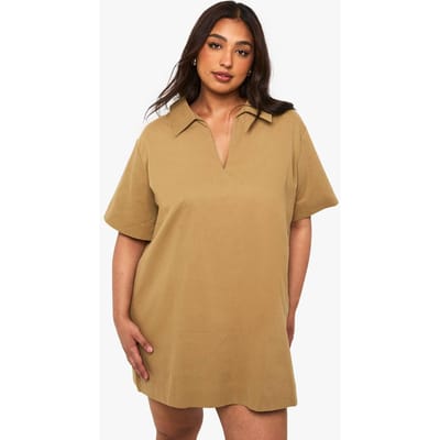 boohoo Dames Twill shiftjurk met pluskraag | Khaki | Maat: 16