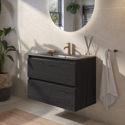 Saqu Gaia badmeubel incl. mat zwarte keramische wastafel 80x46x61cm eiken zwart – zwarte greeplijst