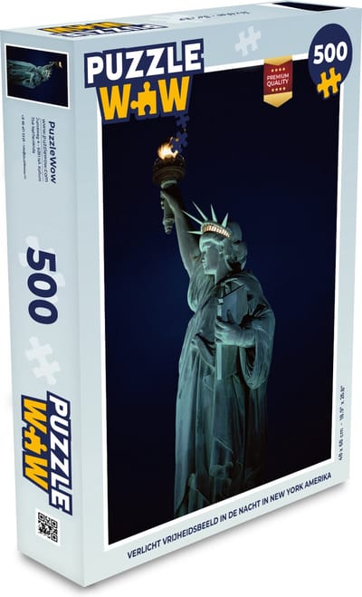 Puzzel Verlicht Vrijheidsbeeld in de nacht in New York Amerika - Legpuzzel - Puzzel 500 stukjes