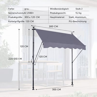 STILVORA Klemmarkies – Hoogte En Hoek Verstelbaar – 200 X 150 X 220 Tot 310 Cm – Aluminium En Metaal Met Polyester – Donkergrijs – Zon En Regenbescherming Voor Balkon En Terras