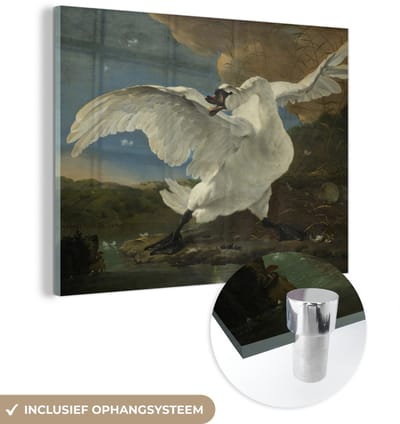 ® Glasschilderij 160x120 cm - Schilderij acrylglas - De bedreigde zwaan - Schilderij van Jan Asselijn - Foto op glas - Muurdecoratie woonkamer - Wanddecoratie slaapkamer - Schilderijen