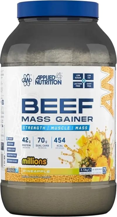 Beef Mass Gainer Pineapple Millions – 3.13 kg – Applied Nutrition – Hoogwaardige Spiermassa Gainer – 42g Eiwit per Portie – Lactosevrij - Weight Gainer