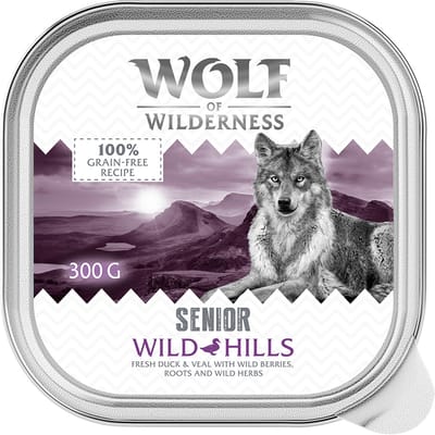 6x300g Wolf of Wilderness Senior Wild Hills Eend & Kalfsvlees natvoer voor honden
