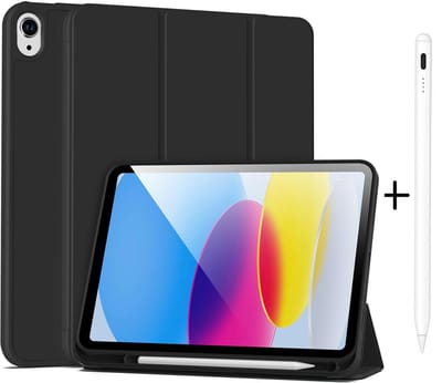 Casemania Stylus en Hoes Geschikt voor Apple iPad 2025 (A16) - Zwart - Universeel Stylus Pen - Smart Cover met Pencil Slot Uitsparing