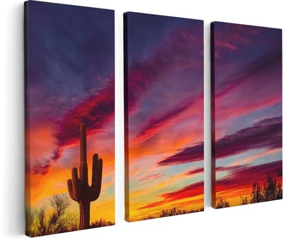Artaza Canvas Schilderij Drieluik Cactus bij Oranje Zonsondergang - 120x80 - Foto Op Canvas - Canvas Print