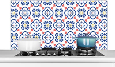 Spatscherm keuken 120x60 cm - Kookplaat achterwand Bloem - Blauw - Rood - Patroon - Muurbeschermer - Spatwand fornuis - Hoogwaardig aluminium
