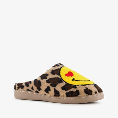 Thu!s dames pantoffels met panterprint en een smiley bruin - Maat 37/38 - Sloffen