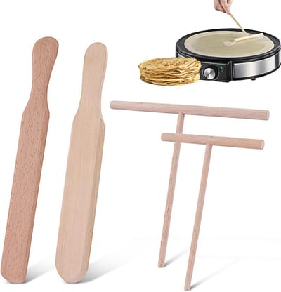 Pannenkoek Accessoires - Keukengerei Set - Pannenkoeken Bakken - Natuurlijk Beukenhout - 4 Delig - Beige