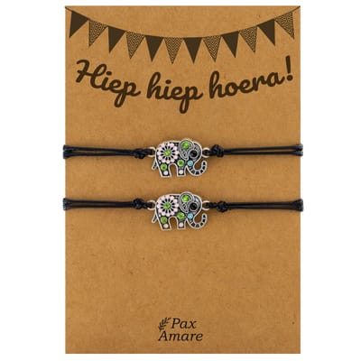 Vriendschapsarmbandjes voor 2 "Hiep hiep hoera" - Olifant - BFF Armbandjes met Cadeau Kaartje - Zwart & Zilverkleurig - Elastisch Verstelbaar - Pax Amare