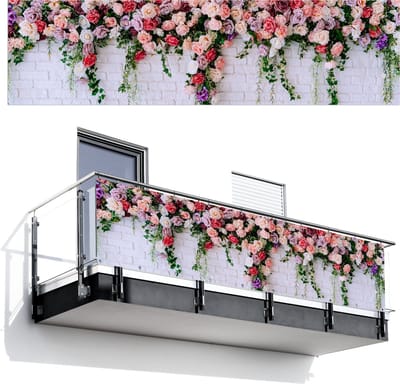 Balkonscherm 300x80 cm - Balkonposter Bloemen - Roze - Planten - Wit - Muur - Balkon scherm decoratie - Balkonschermen - Balkondoek zonnescherm