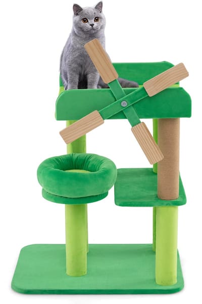 COSTWAY Kleine krabpaal, kattenboom met ligoppervlak & platforms & krabzuil, kattentoren in windmolen-vorm, kattenkrabpaal voor kleine katten, kattenmeubel, speelboom, 50 x 34 x 60 cm, groen