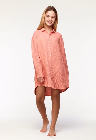 Woody jurk/kleed meisjes/dames in tetra katoen - koraal - 231-2-YDC-W/491 - maat 140