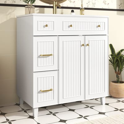 OKWISH Badmeubel – Wastafelonderkast Met Keramische Wastafel – Meerdere Lades+1 Deur – Badkamer Opbergruimte – MDF Wit – Massief Grenen Poten – Metalen Grepen