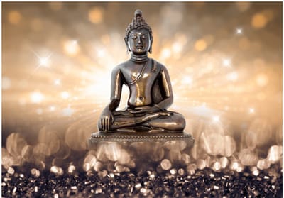 Fotobehangkoning - Behang - Vliesbehang - Fotobehang Budha - Boedha - Spa - Zen - Yoga -Wellness - Golden Enlightenment - 300 x 210 cm