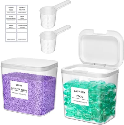 Dailygoody - Waspoedercontainer - Organisatie en Opslag - Pers-to-Open Deksel - Transparant - Etiketten en Lepels - Ideaal voor Wasruimte - 2-Pack