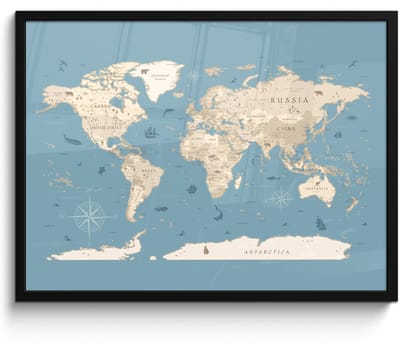 Poster in lijst - Fotolijst 80x60 cm - Posters - Wereldkaart - Oceaan - Realistisch - Blauw - Posterlijst zwart - Decoratie - Wanddecoratie woonkamer - Muurdecoratie slaapkamer