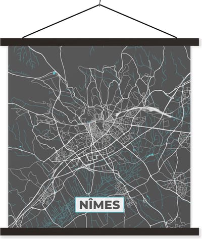 Posterhanger incl. Poster 60x60 cm - Schoolplaat - Nîmes - Frankrijk - Plattegrond - Stadskaart - Kaart - Textielposter - Zwarte latten - Stadskaart