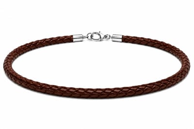 AuBor ®. Gevlochten leren ketting met zilveren sluiting. Bruin. 3mm × 50cm