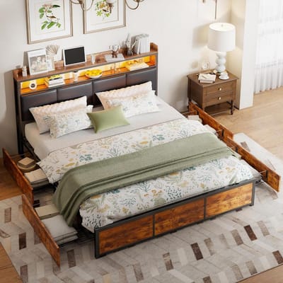 Metalen Tweepersoonsbed - Bed met Laden - Moderne Slaapkamer - Geïntegreerde LED-verlichting - 160x200 cm - Gematteerd Zwart