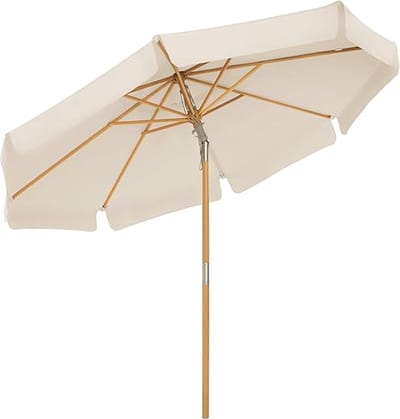 Houten Tuinparasol 270 cm Achthoekig – Kantelbare Terrasparasol met UV 50+ Bescherming, Katrolsysteem en Luxe Design – Parasol voor Balkon, Tuin & Terras – Beige – Nicolehome