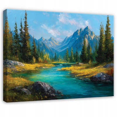 WALLARENA - Schilderij op canvas - 40x30 cm - afbeelding van bergen, natuur, bos, rivier, landschap - Geschikt voor slaapkamer en woonkamer