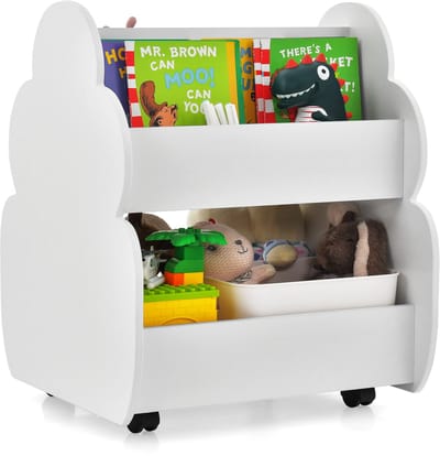 COSTWAY Kinderboekenkast op wieltjes, 2 niveaus, houten speelgoedrek, 52 x 47 x 63,5 cm (wit)