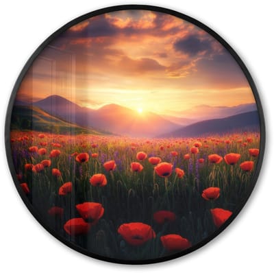 Poster in lijst Rond - Fotolijst 60x60 cm - Posters - Landschap - Zonsondergang - Bloemenveld - Ronde posterlijst zwart - Decoratie - Wanddecoratie woonkamer - Muurdecoratie slaapkamer