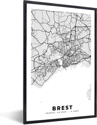 Fotolijst incl. Poster - Kaart - Stadskaart - Frankrijk - Brest - Plattegrond - 40x60 cm - Posterlijst