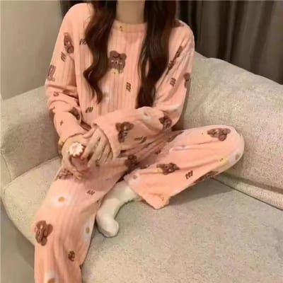 Zoete schattige beer vlinderdas Apple pyjama dames casual los kan buiten de herfst en winter worden gedragen Verdikt warm homewear pak One size brown