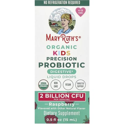 MaryRuth's, Biologische Precision Probiotic voor Kinderen, Vloeibare Druppels, Leeftijden 4-13, Frambozensmaak, 2 Miljard KVE, 0,5 fl oz (15 ml)