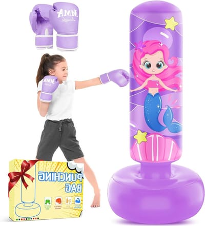 Grote Opblaasbare Bokszak voor Kinderen van 66'', Inclusief Bokshandschoenen, Vrijstaand, Perfect Cadeau voor Meisjes van 5-12 Jaar, Ideaal voor Karate, Taekwondo en MMA Training