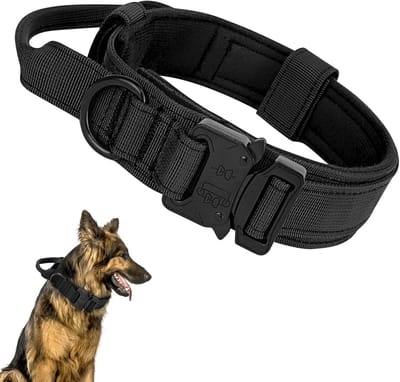 Tactische hondenhalsband, gevoerd, ademend, zachte nylon halsband, stevige metalen gesp, verstelbare, eenvoudige militaire halsband met handvat, geschikt voor middelgrote en grote honden (M)