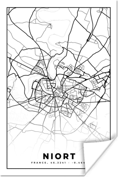 Poster Niort - Stadskaart - Plattegrond - Kaart - Frankrijk - Zwart wit - 120x180 cm XXL