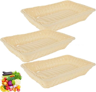 Set van 3 Rieten Broodmanden, Multifunctionele Opbergmanden, Rectangulaire Mand voor Brood, Fruit en Decoratie (35 x 25 x 7 cm, Crème)