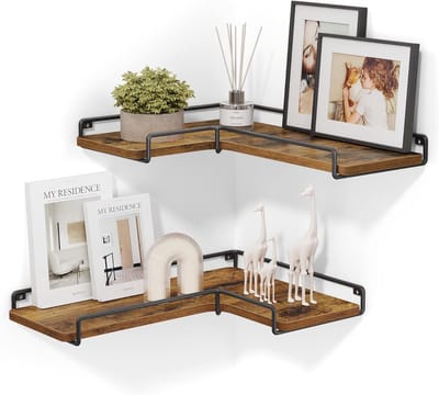Famanu - L-vormige hoekplanken set van 2, industrieel design, wandmontage, vintage bruin-zwart voor woonkamer of keuken