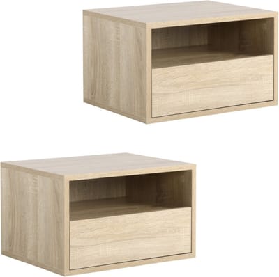 Nachtkastje - Nachtkast - Nachtkastjes set van 2 - 45 x 35 x 27,5 cm - Met lade - Wandmontage - Natuur/hout