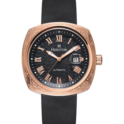 Heritor Automatic Davenport horloge met gegraveerde kast en leren band en datum - roségoud/zwart