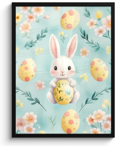 Poster in lijst - Fotolijst 50x70 cm - Posters - Konijn - Eieren - Takjes - Posterlijst zwart - Decoratie - Wanddecoratie woonkamer - Muurdecoratie slaapkamer