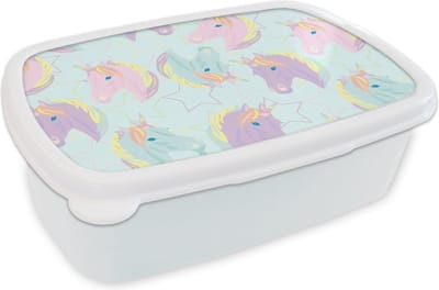 Broodtrommel Wit - Lunchbox - Brooddoos - Unicorn - Sterren - Patronen - 18x12x6 cm - Volwassenen