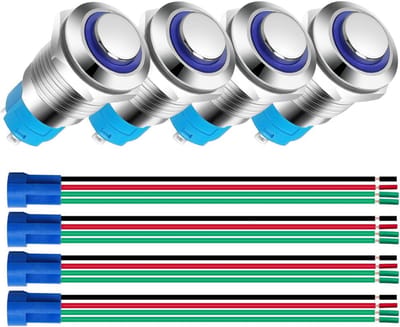4x Set 12mm Momentary Drukknop RVS met Blauwe LED - 1NO, Waterdicht