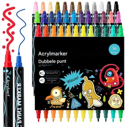 GELLDG 36-kleuren Markeerstiften met Dubbele Punt - Acrylmarkers - Snel Droog & Waterdicht - Geschikt voor Steen, Hout, Doek en Metaal - Kunststof Behuizing - Complete Set voor Creatieve Projecten