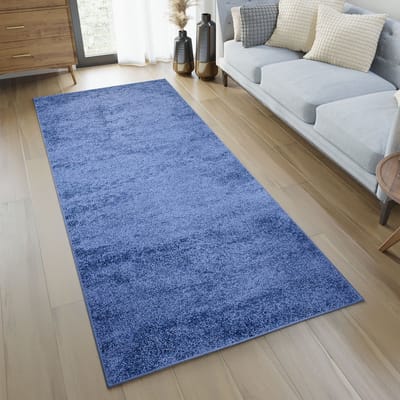 Tapiso Delhi Vloerkleed Loper Blauw Effen Tapijt Maat- 80x300