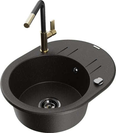 Mexen Kevin granieten spoelbak 1-kamer met afdruiprek en keukenkraan Flora, zwart/goud metallic - 6517-75-670401-57-B