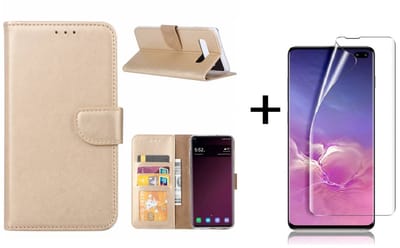 Ntech Hoesje Geschikt Voor Samsung Galaxy S10 Plus Book Hoesje Goud + Folie creenprotector