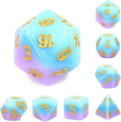Polyset Dice | Dobbelstenen - Set Van 7 Stuks - Paars Blauw Groen Pastel Goud | Voor D&D en Andere Rollenspellen | Plastic Dobbelstenen Set voor Dungeons and Dragons | Polyhedral Dice Set | Met Mooie Zwarte Velvet Dice Bag voor Ongeveer 3 Sets
