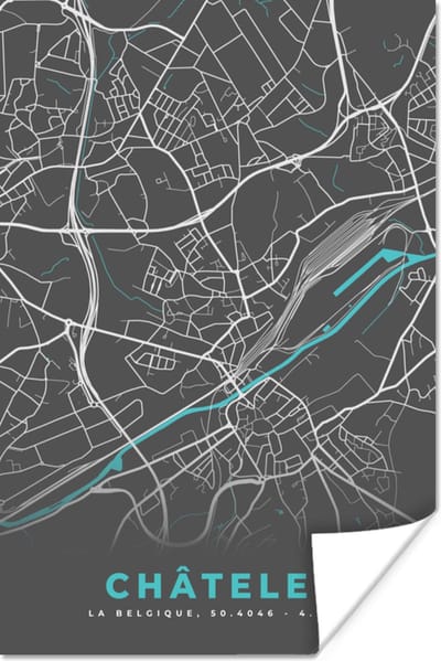 Poster België – Châtelet – Stadskaart – Kaart – Blauw – Plattegrond - 120x180 cm XXL