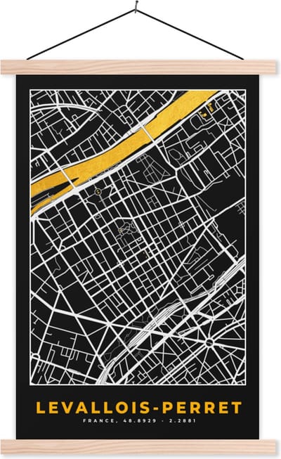 Posterhanger incl. Poster 40x60 cm - Schoolplaat - Plattegrond – Levallois-Perret – Stadskaart – Kaart – Frankrijk - Textielposter - Blanke latten - Stadskaart