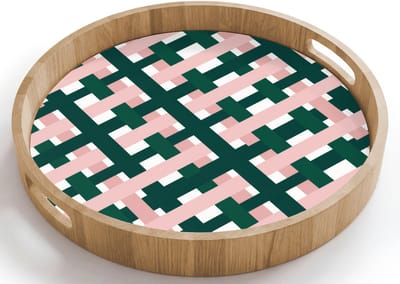 Dienblad rond 40x40 cm - Schootdienblad hout - Vlechtpatroon - Groen - Roze - Grafisch - Borrelplank rechthoek - Plateau houten dienbladen