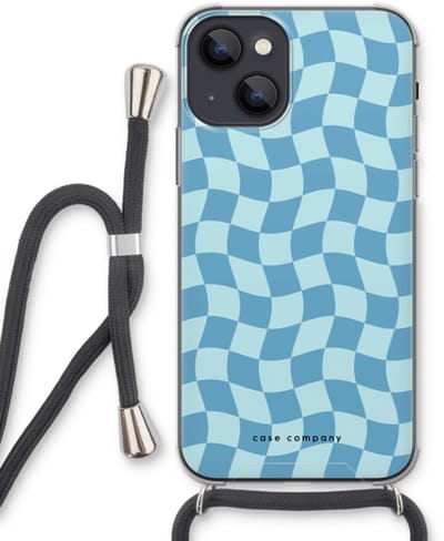 Case Company® - Hoesje met koord geschikt voor iPhone 13 mini hoesje met Koord - Grid Blauw - Telefoonhoesje met Zwart Koord - Bescherming aan alle Kanten en Over de Schermrand