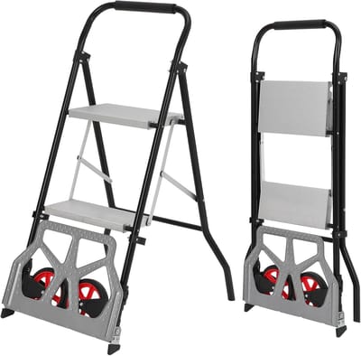 2-in-1 steekwagen Opvouwbaar en opstapkruk - opvouwbare trolley met 2 treden, 220 kg draagvermogen als trap, 100 kg als steekwagen, lichtgewicht met 2 wielen voor huis, keuken & kantoor